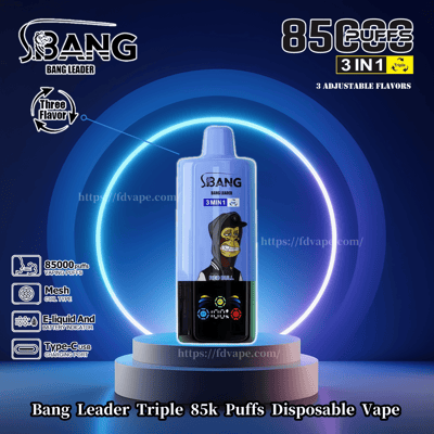 Promotiefoto voor de Bang Leader Triple 85k Puffs Disposable Vape met een digitale illustratie van een vape-apparaat met drie instelbare smaken, gemarkeerd op een rond blauw neondisplay.