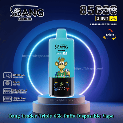 Advertentie voor Bang Leader Triple 85k Puffs Disposable Vape met een cartoon-aap met kroon, met kenmerken zoals 85.000 trekjes, mesh-coil en Type-C-oplaadpoort.
