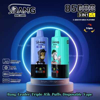 Promotional image for Bang Leader Triple 85k Puffs Disposable Vape showing two colorful vape devices with cartoon graphics labeled Red Bull and Pineapple Ice, offering 3-in-1 adjustable flavors.