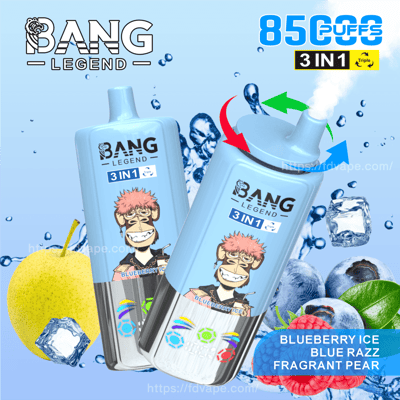 Promotional image for Bang Legend 3in1 disposable vape featuring blueberry ice, blue razz, and fragrant pear flavors, with graphics of fruits and icy visuals.