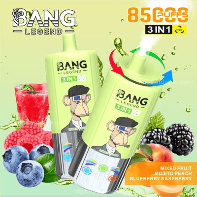 A promotional image featuring two green-colored Bang Legend 3-in-1 disposable vapes with a cartoon monkey logo, surrounded by images of mixed berries, peaches, and a mojito drink, with the text highlighting 8500 puffs and flavor varieties.