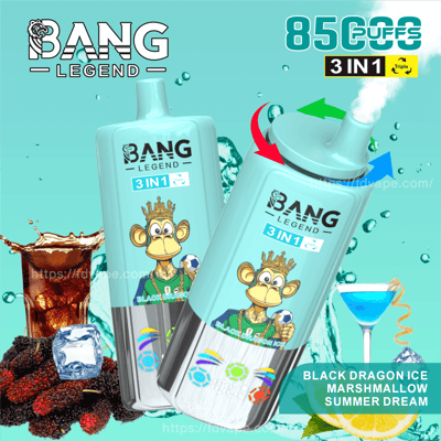 A promotional image featuring the Bang Legend 3-in-1 vape device, showcasing a playful cartoon monkey wearing a crown and holding a soccer ball on the product's design. The image highlights features like 8500 puffs capacity and flavors including Black Dragon Ice, Marshmallow, and Summer Dream, surrounded by illustrative elements of drinks and fruits.
