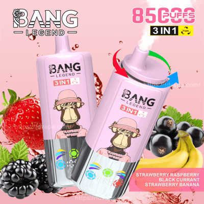 Promotional image depicting a 'Bang Legend 3-in-1' disposable vape, featuring a pink casing with an illustrated monkey wearing a hat and flavor options including Strawberry Raspberry, Black Currant, and Strawberry Banana. The image highlights '8500 Puffs' vapor output and a rotating nozzle mechanism, with surrounding fresh berries and bananas enhancing the fruity theme.
