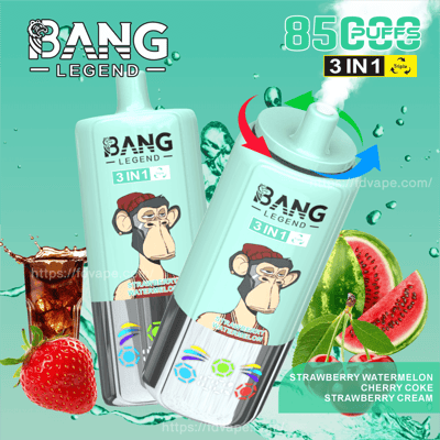 Promotional image featuring Bang Legend 3-in-1 disposable vape showing Strawberry Watermelon, Cherry Coke, and Strawberry Cream flavors, with a stylized cartoon character design on the device and relevant flavor imagery in the background.