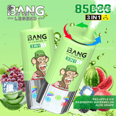 Promotional image for Bang Legend 3-in-1 vape device featuring red apple ice, raspberry watermelon, and aloe grape flavors, shown alongside illustrations of respective fruits and a cartoon monkey design on the product's casing.