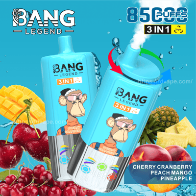 Promotional image for Bang Legend vape product featuring a blue device with a cartoon monkey on its label, showcasing fruit flavors including cherry, cranberry, peach, mango, and pineapple, with text indicating '85,000 puffs' and '3-in-1' functionality.