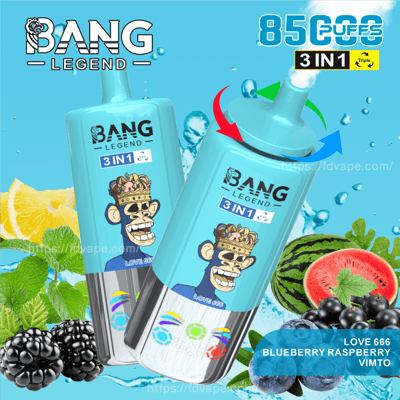 Promotional image featuring two Bang Legend 3-in-1 vape devices in blue, displaying a crowned cartoon monkey design labeled 'Love 666', surrounded by illustrations of lemon, mint, blackberries, blueberries, watermelon, and a flavor description stating 'Blueberry Raspberry Vimto'.