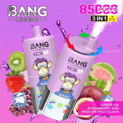 Promotional image showcasing Bang Legend 3-in-1 disposable vape featuring a purple monkey graphic, flavor notes including grape ice, strawberry kiwi, and passion fruit guava, alongside vibrant fruit visuals and a colorful, modern design.