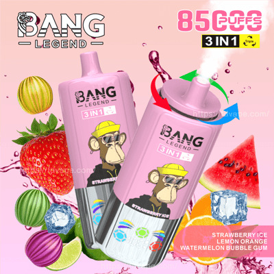 Promotional poster showcasing the Bang Legend 3-in-1 disposable vape in pink, featuring a cartoon monkey design, with flavors like strawberry ice and watermelon illustrated alongside vibrant background elements of fruit and ice cubes.