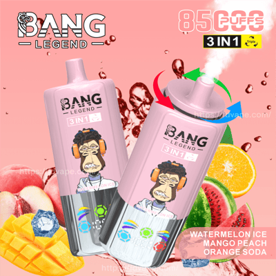 Bang Legend 3-in-1 vape device displayed in pink with an illustrated monkey wearing headphones on the label, surrounded by images of peach, mango, watermelon, orange, and ice cubes, representing the available flavors.