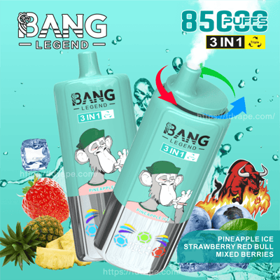Two Bang Legend vape devices with a green design, featuring a cartoon monkey and branding for the '3 in 1' flavors Pineapple Ice, Strawberry Red Bull, and Mixed Berries, with illustrations of fruits and icy water splashes in the background.