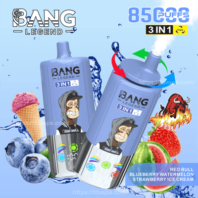 Promotional image for Bang Legend 3-in-1 vaping device, showcasing a blue rectangular vape pen with interchangeable flavor options including Red Bull, Blueberry Watermelon, and Strawberry Ice Cream, along with colorful branding and product details against a splash-themed background.