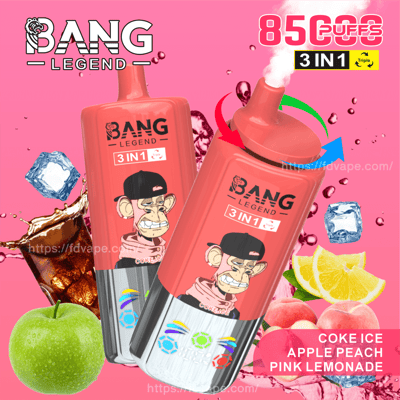 A promotional image for Bang Legend 3-in-1 vape device with a red casing featuring an illustrated monkey wearing a cap, surrounded by representations of flavors: cola, green apple, peach, and pink lemonade, with text displaying '8500 Puffs' and 'Triple 3-in-1.'
