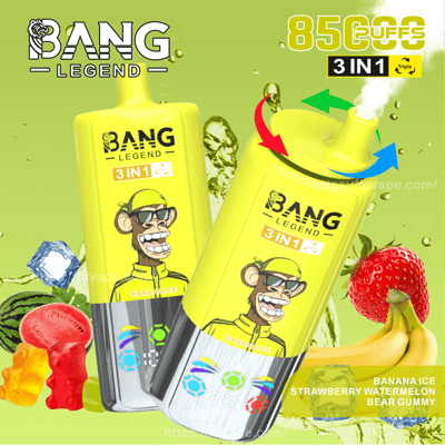 Promotional image for Bang Legend 3-in-1 vape featuring vibrant yellow packaging, fruit illustrations including banana, strawberry, watermelon, and gummy bears, highlighting the flavors Banana Ice, Strawberry Watermelon, and Bear Gummy, with 8500 puff capability.