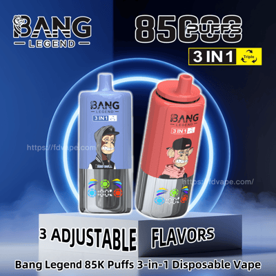 2 つの Bang Legend 3-in-1 使い捨て Vape デバイスを示す広告。それぞれが独特のデザイン、フレーバーのカスタマイズ機能を備え、最大 85,000 回の吸引が可能と主張しています。