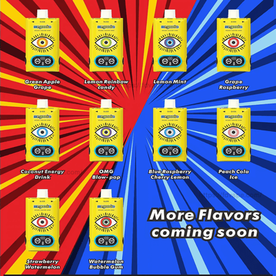An array of eight colorful vape cartridge designs, each labeled with a mix of eye-catching flavors like Green Apple Grape, Lemon Rainbow Candy, and Peach Cola Ice, set against a dynamic red and blue radial burst background with text announcing "More Flavors coming soon."
