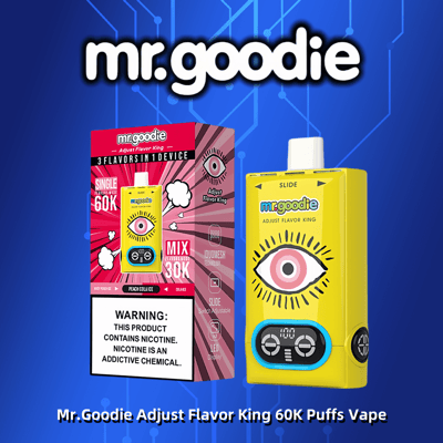 Colorful advertisement for Mr. Goodie Adjust Flavor King 60K Puffs Vape, featuring a yellow vape device with an eye design and its packaging highlighting three flavors and nicotine warning.