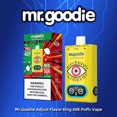 Promotional image showing the Mr. Goodie Adjust Flavor King vape device and its packaging, highlighting features like 60K puffs, three flavors, and a warning about nicotine addiction.