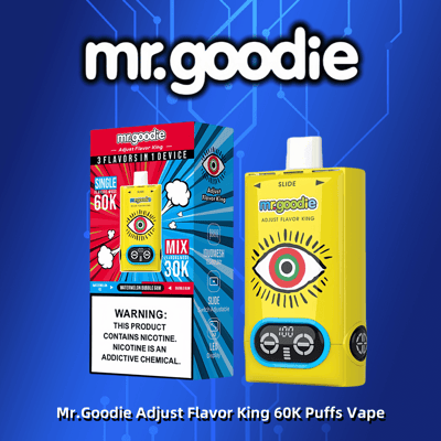Promotional image featuring a Mr. Goodie Adjust Flavor King vape device with packaging, highlighting 60K puff capacity and warning about nicotine.