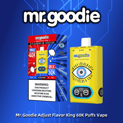 Promotional image for Mr. Goodie Adjust Flavor King 60K Puffs Vape featuring a yellow device with an eye design and packaging highlighting three flavors in one device and a nicotine warning.