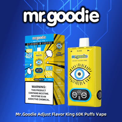 A promotional image for the Mr. Goodie Adjust Flavor King 60K Puffs Vape, featuring a yellow device with a blue eye design, a LED display, and a slide switch, next to its packaging which highlights features such as 3 flavors and 60,000 puffs.
