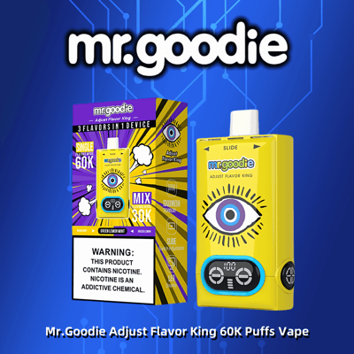 A promotional image of the Mr. Goodie Adjust Flavor King 60K Puffs Vape featuring colorful packaging with an eye design and a nicotine warning label on a blue digital-themed background.