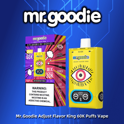 The image features a Mr. Goodie Adjust Flavor King vape device with packaging, showcasing its three adjustable flavors and 60K puffs capacity, against a digital background.