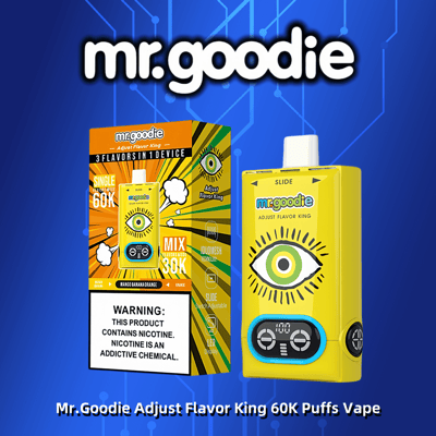 Product image of Mr. Goodie Adjust Flavor King 60K Puffs Vape, featuring a yellow device with an eye graphic and control buttons, alongside its box which highlights "3 flavors in 1 device" and a nicotine warning.