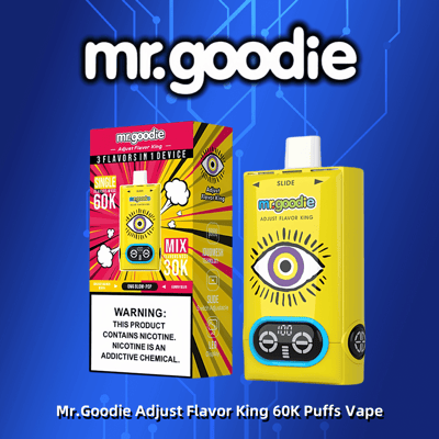 Mr. Goodie Adjust Flavor King 60K Puffs Vape with a bold yellow design featuring a stylized eye graphic and digital controls, alongside its colorful packaging that highlights its dual-mesh coil and three-flavor capability.