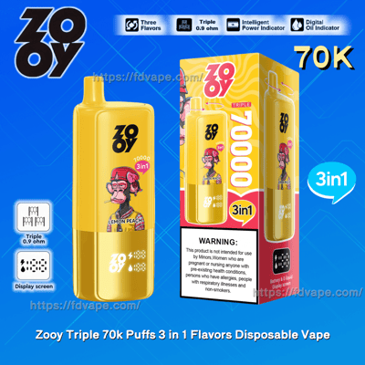 70,000回の吸引と3in1のフレーバーを特徴とするZooy Triple使い捨てベイプのプロモーション画像。黄色の本体に漫画キャラクターのイラストが描かれ、その周囲に青い背景に製品の説明が書かれています。