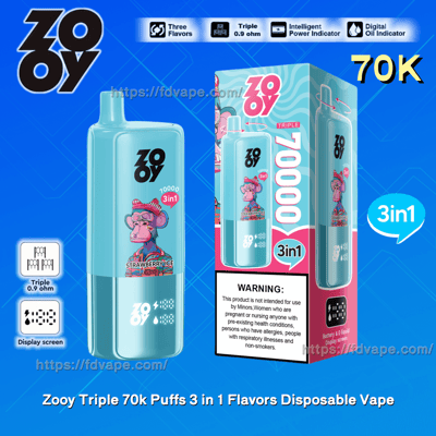 ストロベリーアイスのフレーバーと製品の特徴を特徴とする、3 in 1 フレーバーのパッケージを備えた Zooy Triple 70k 使い捨て vape のイラスト。