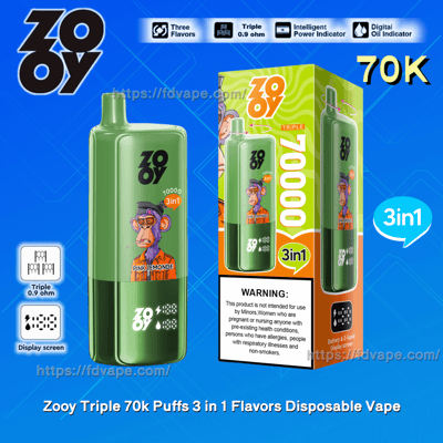 緑色のケースに入ったピンクレモネード風味の Zooy Triple 70000 パフ 3-in-1 使い捨てベイプとそのパッケージを特集したプロモーション画像。青色の背景に複数の機能と仕様が強調されています。