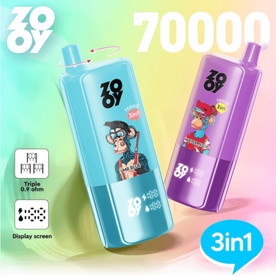 カラフルなプロモーション画像には、2 つの Zooy 3-in-1 ベイプ デバイス (1 つは青いラベル「Mr. Blue」、もう 1 つは紫のラベル「Watermelon」) が表示され、漫画の猿と 10,000 回の吸引の仕様、およびディスプレイ スクリーンが描かれています。