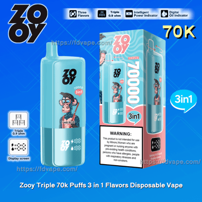 Zooy Triple 70k Puffs 3-in-1 使い捨てベイプとパッケージを示すプロモーション画像。青い背景に、トリプルフレーバーやデジタルオイルインジケーターなどの機能が記載されています。
