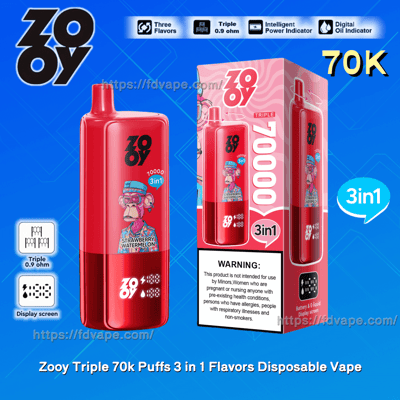 3in1 フレーバー オプションと洗練された赤いデザインを備えた Zooy Triple 70K 使い捨て Vape を紹介するプロモーション画像。トリプル 0.9 オーム コイルやデジタル オイル インジケーターなどの機能を強調しています。