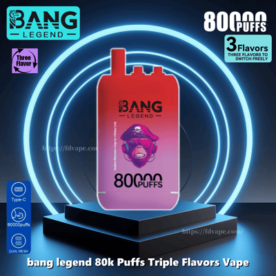 Bang Legend 80,000 Puffs Vape のプロモーション画像。漫画風の猿のグラフィック、スタイリッシュなパッケージ、3 種類のフレーバーとベイピング機能を強調したテキスト、円形の光跡のある未来的な背景など、鮮やかなデザインが特徴です。