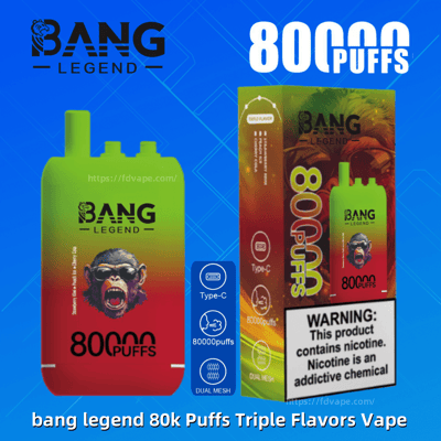 Appareil de vapotage jetable Bang Legend dégradé de vert à rouge à côté de sa boîte colorée assortie, tous deux étiquetés 80000 PUFFS avec des icônes pour la charge de type C et la double maille et un panneau d'avertissement de nicotine bien visible.