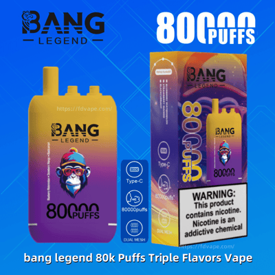Appareil de vapotage jetable dégradé jaune vif à violet et boîte assortie de la marque Bang Legend étiquetée 80 000 bouffées, affichant des icônes de type C et à double maille et un avertissement de nicotine sur un fond géométrique bleu.