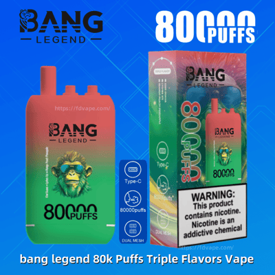 Emballage et appareil de vapotage jetable Bang Legend assorti en dégradé rouge-vert montrant un singe stylisé portant des lunettes de soleil, un grand texte « 80000 PUFFS », des icônes de type C et à double maille et une étiquette d'avertissement de nicotine bien visible.