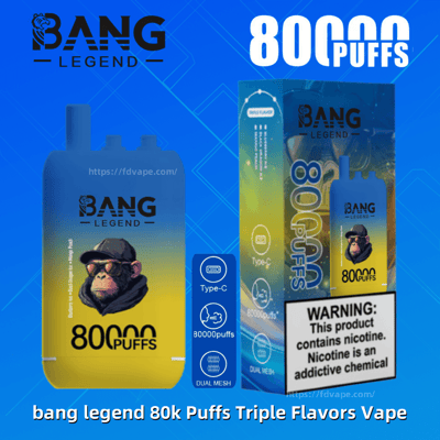 Appareil de vapotage jetable Bang Legend dégradé bleu à jaune et boîte assortie montrant un chimpanzé stylisé portant une casquette, un texte proéminent « 80000 PUFFS », des icônes Type-C et Dual Mesh et une étiquette d'avertissement sur la nicotine.