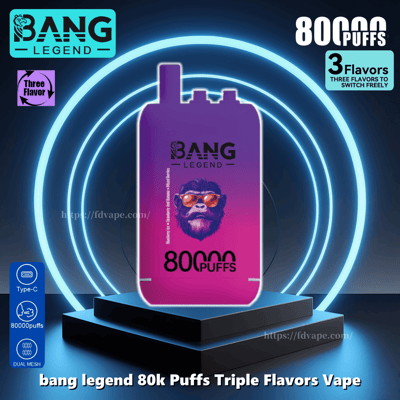 Image promotionnelle pour l'appareil de vapotage Bang Legend présentant un design violet et rose avec un texte indiquant 80 000 bouffées et des options de saveur triple, sur un fond circulaire bleu néon.