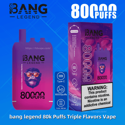 Appareil de vapotage jetable dégradé violet-rose et boîte assortie de la marque BANG LEGEND annonçant 80 000 bouffées avec des icônes de type C et à double maille et une étiquette d'avertissement de nicotine bien visible.