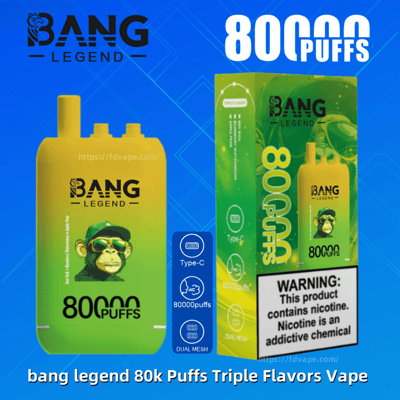 Vape jetable Bang Legend vert vif à jaune et boîte de vente au détail assortie sur un fond géométrique bleu, étiquetée de manière visible 80 000 bouffées avec des icônes pour la charge de type C et la double maille et un panneau d'avertissement de nicotine.