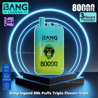 Appareil de vapotage jetable Bang Legend bleu sarcelle à vert étiqueté 80 000 bouffées affichées sur un piédestal lumineux avec des anneaux néon bleus concentriques et des icônes pour la charge de type C, le double maillage et trois saveurs commutables
