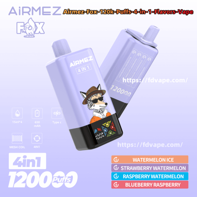 Two lavender Airmez Fox disposable vape devices—one front-facing showing a fox mascot and '4 IN 1' label, the other angled and marked '120000 puffs'—on a pale purple background with small icons for 15 ml×4, 650 mAh and Type‑C and a flavor list: Watermelon Ice, Strawberry Watermelon, Raspberry Watermelon, Blueberry Raspberry.
