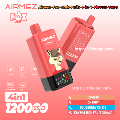 Two coral-red AiRMEZ Fox disposable vape devices on a pink gradient background — one shows a fox illustration and '4 in 1' branding, the other displays '1200 puffs' and product icons, with listed flavors Love 66, Cherry, Blueberry on Ice and Kiwi Passion Fruit Guava.