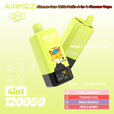 Bright lime-green AiRMEZ Fox 4-in-1 disposable vape devices shown at angles, one displaying a cartoon fox wearing a propeller hat and the other showing '120000 puffs' and product specs, with a side panel listing flavors Pink Lemonade, Passion Kiss, Mixed Berries, and Triple Berry.