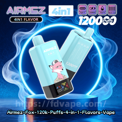 Two pastel blue AiRMEZ 4in1 disposable vape devices — one front-facing with a cartoon pink fox illustration and branded text, the other showing the back with puff-count markings and technical icons — set inside a glowing neon-blue ring with smoky blue effects, additional feature icons at the top and a faint website watermark along the bottom.