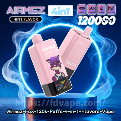 Pink AiRMEZ 4-in-1 disposable vape device with a cartoon purple fox graphic, '1200 puffs' label and feature icons, displayed angled on a glowing blue circular pedestal with swirling smoke and a faint website watermark.