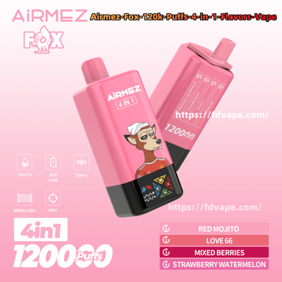 Two pink AiRMEZ Fox 4-in-1 disposable vape devices angled on a pink background, one showing a cartoon fox mascot and the other a color-coded flavor list (Red Mojito, Love 66, Mixed Berries, Strawberry Watermelon) with small icons indicating 15 ml×4, 650 mAh, Type‑C and mesh coil features.